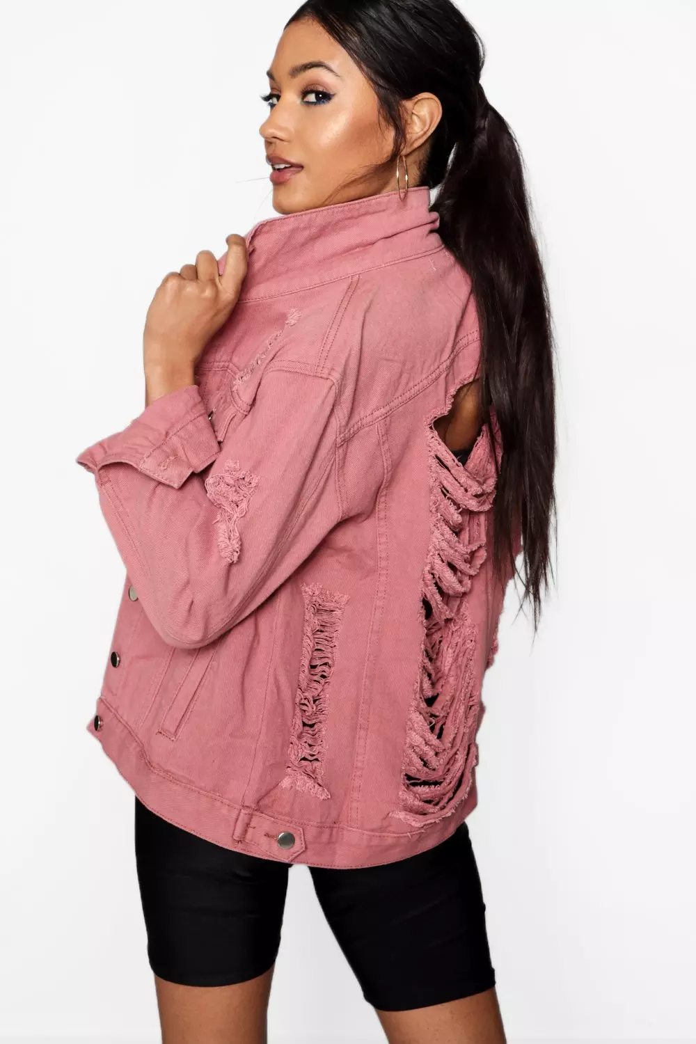 Pink denim jacket store distressed